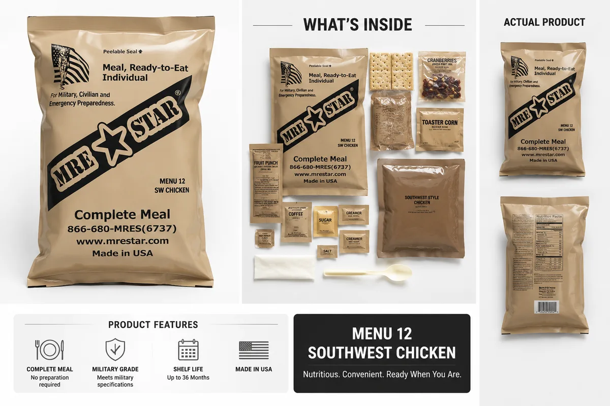 MRE STAR Menu 12 Southwest Chicken — complete meal kit and everything inside the pouch